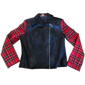 Womens Nygard Shirt Zip Front Medium Black Faux Leather & Red Plaid Long Sleeve